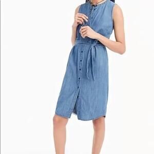 J Crew Sleeveless Belted Tie-Waist Shirtdress in Chambray Norton Wash